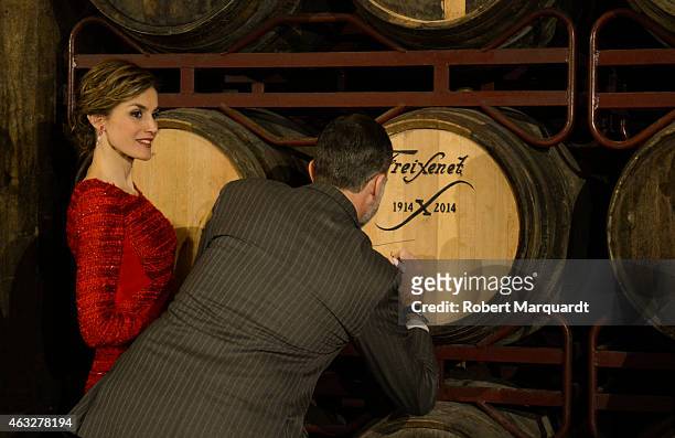 King Felipe VI of Spain and Queen Letizia of Spain visit the 'Freixenet' wine cellar on February 12, 2015 in Sant Sadurni d'Anoia, Spain. Freixenet...