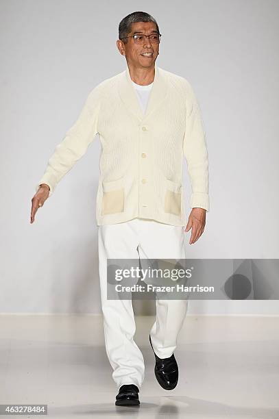 Designer Tadashi Shoji walks the runway at the Tadashi Shoji fashion show during Mercedes-Benz Fashion Week Fall 2015 at The Salon at Lincoln Center...