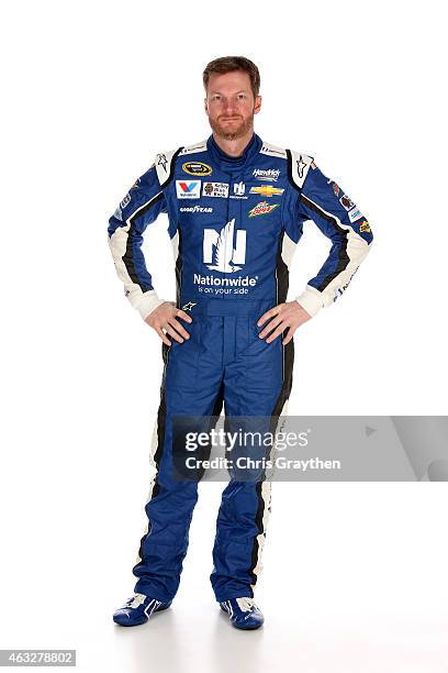 Sprint Cup driver Dale Earnhardt Jr. Poses for a portrait during the 2015 NASCAR Media Day at Daytona International Speedway on February 12, 2015 in...