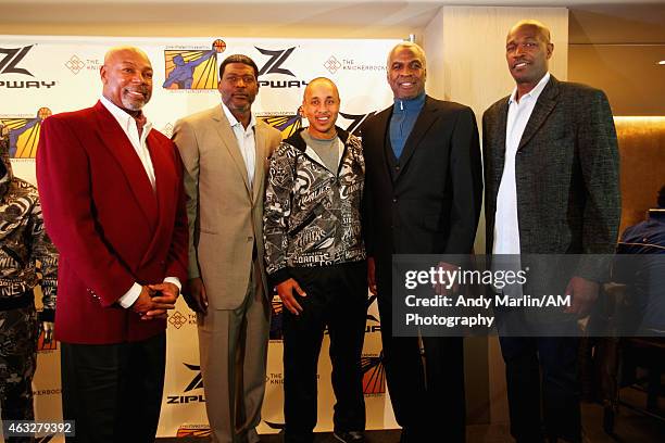 Former New York Knicks players Mel Davis, Larry Johnson, John Starks, Charles Oakley and Herb Williams pose for a photo during the Zipway press...