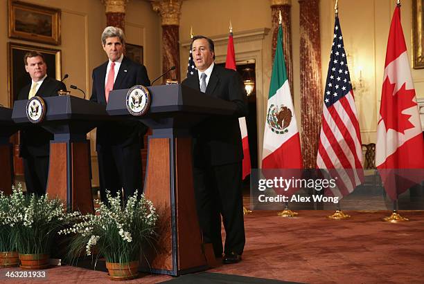 Secretary of State John Kerry , Canadian Foreign Minister John Baird and Mexican Foreign Secretary Jose Antonio Meade participate in a joint press...