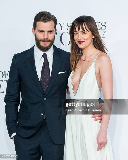 Dakota Johnson and Jamie Dornan attend the UK Premiere of "Fifty Shades Of Grey" at Odeon Leicester Square on February 12, 2015 in London, England.