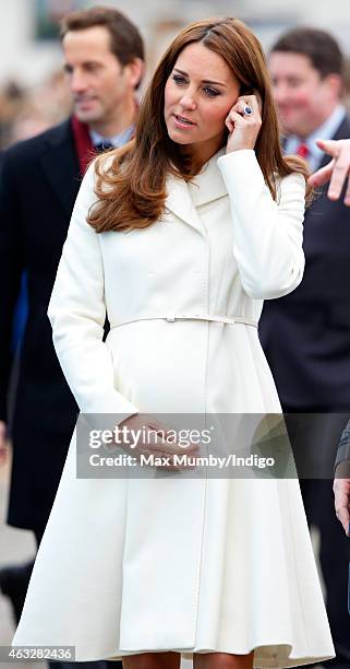 Catherine, Duchess of Cambridge visits the headquarters of Ben Ainslie Racing in Portsmouth Old Town on February 12, 2015 in Portsmouth, England.