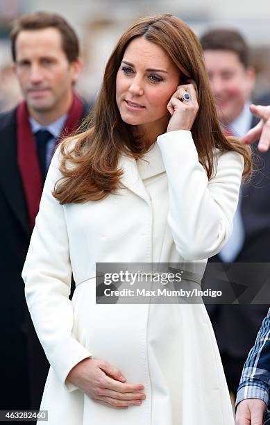 Catherine, Duchess of Cambridge visits the headquarters of Ben Ainslie Racing in Portsmouth Old Town on February 12, 2015 in Portsmouth, England.