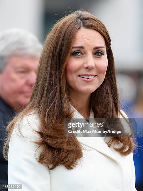 Catherine, Duchess of Cambridge visits the headquarters of Ben Ainslie Racing in Portsmouth Old Town on February 12, 2015 in Portsmouth, England.
