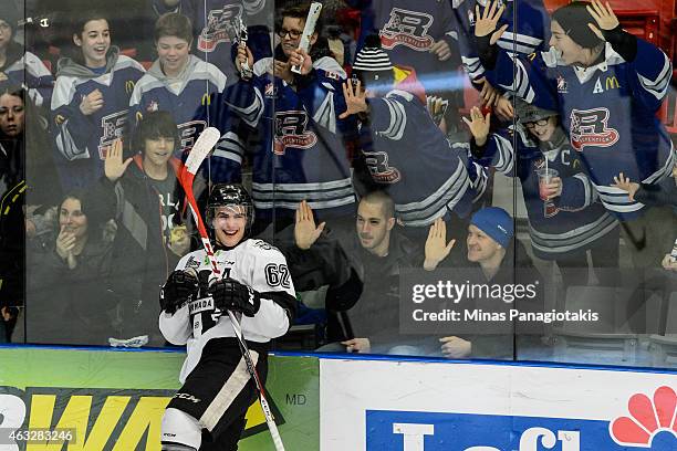 Danick Martel of the Blainville-Boisbriand Armada celebrates his goal during the QMJHL game against the Victoriaville Tigres at the Centre Excellence...