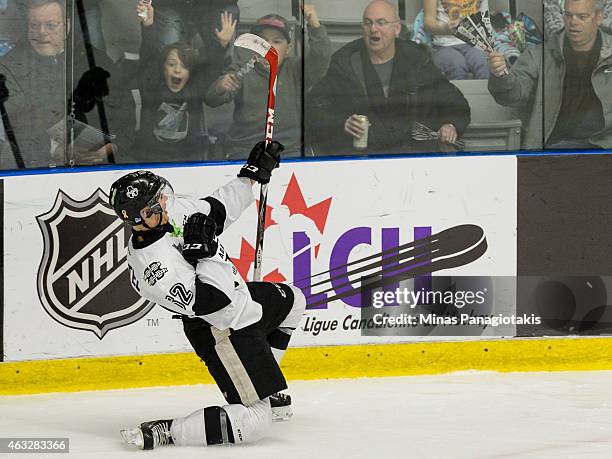 Danick Martel of the Blainville-Boisbriand Armada celebrates his goal during the QMJHL game against the Victoriaville Tigres at the Centre Excellence...