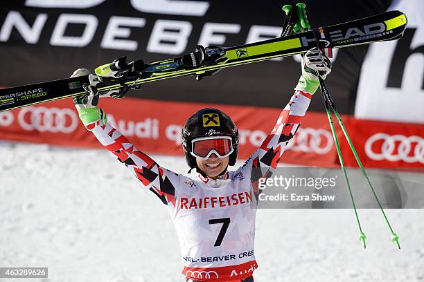 Anna Fenninger of Austria celebrates after crossing the finish of the Ladies' Giant Slalom in Red Tail Stadium on Day 11 of the 2015 FIS Alpine World...