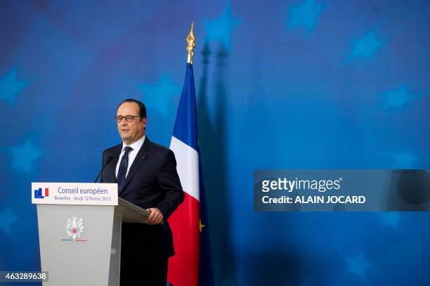 French President Francois Hollande holds a press conference during the European Council Summit at the European Union Headquarters in Brussels on...