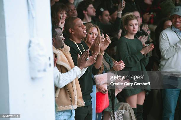Sean Combs, Jay Z and Beyonce Knowles attend the adidas show during Mercedes-Benz Fashion Week Fall 2015 at Skylight Clarkson SQ. On February 12,...