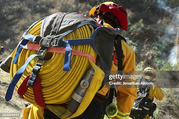 Cal Fire crew carries a fire line on his back at a flare-up of the Colby Fire burning for a second day in the hillside above Highway 39 on January...