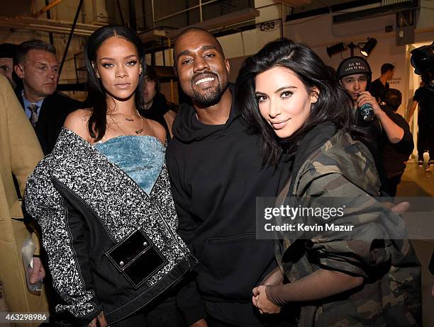 Rihanna, Kanye West and Kim Kardashian backstage at the adidas Originals x Kanye West YEEZY SEASON 1 fashion show during New York Fashion Week Fall...