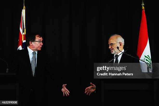 New Zealand Foreign Minister Murray McCully and Iraq Foreign Minister Dr Ibrahim al-Jaafari shake hands after speaking to the media during a press...