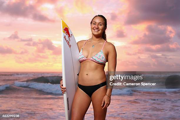 Professional surfer Carissa Moore of Hawaii poses during a portrait session at Manly Beach on February 13, 2015 in Sydney, Australia. Moore is...