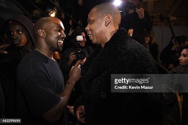 Kanye West and Jay-Z backstage at the adidas Originals x Kanye West YEEZY SEASON 1 fashion show during New York Fashion Week Fall 2015 at Skylight...