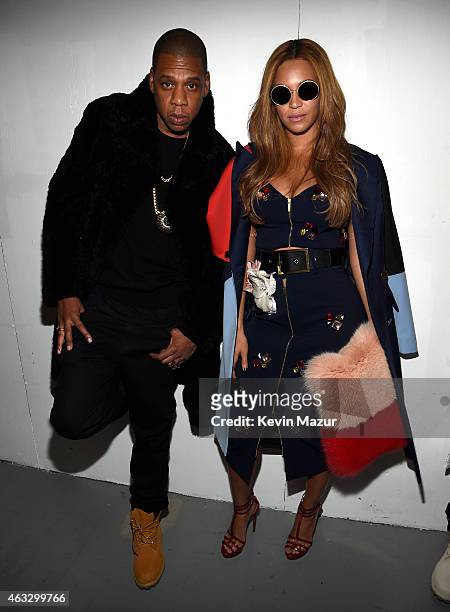 Jay-Z and Beyonce pose backstage at the adidas Originals x Kanye West YEEZY SEASON 1 fashion show during New York Fashion Week Fall 2015 at Skylight...