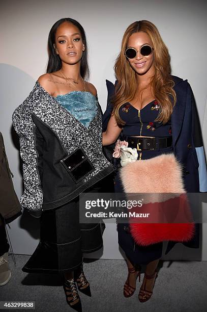 Rihanna and Beyonce pose backstage at the adidas Originals x Kanye West YEEZY SEASON 1 fashion show during New York Fashion Week Fall 2015 at...