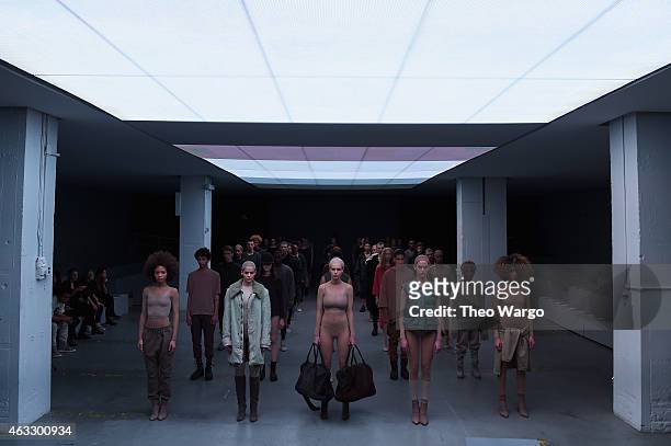 Models on the runway at the adidas Originals x Kanye West YEEZY SEASON 1 fashion show during New York Fashion Week Fall 2015 at Skylight Clarkson Sq...