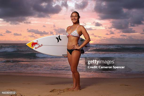 Professional surfer Carissa Moore of Hawaii poses during a portrait session at Manly Beach on February 13, 2015 in Sydney, Australia. Moore is...