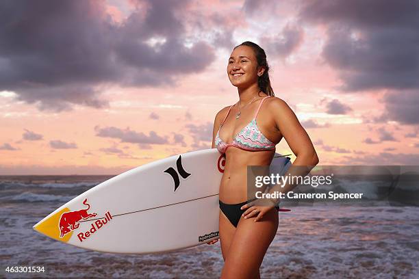 Professional surfer Carissa Moore of Hawaii poses during a portrait session at Manly Beach on February 13, 2015 in Sydney, Australia. Moore is...