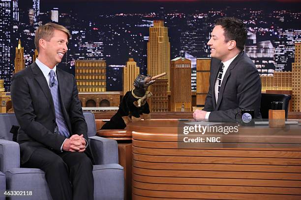 Episode 0209 -- Pictured: Actor Jack McBrayer and Triumph the Insult Comic Dog during an interview with host Jimmy Fallon on February 12, 2015 --