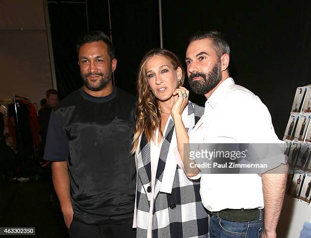 Tome designer Ryan Lobo, actress Sarah Jessica Parker and designer Ramon Martin backstage at Tome show during Mercedes-Benz Fashion Week Fall 2015 at...