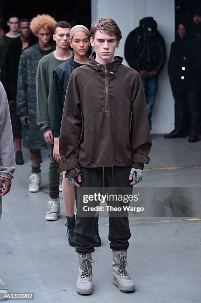 Models walk the runway at the adidas Originals x Kanye West YEEZY SEASON 1 fashion show during New York Fashion Week Fall 2015 at Skylight Clarkson...