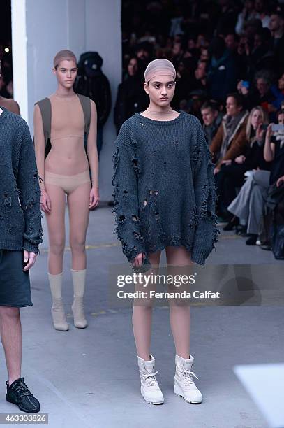 Models walk the runway at the adidas Originals x Kanye West YEEZY SEASON 1 fashion show during New York Fashion Week Fall 2015 at Skylight Clarkson...