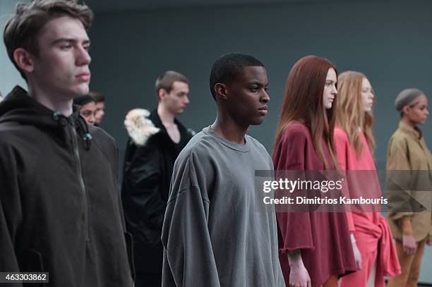 Models walk the runway at the adidas Originals x Kanye West YEEZY SEASON 1 fashion show during New York Fashion Week Fall 2015 at Skylight Clarkson...