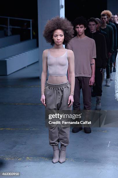 Models walk the runway at the adidas Originals x Kanye West YEEZY SEASON 1 fashion show during New York Fashion Week Fall 2015 at Skylight Clarkson...