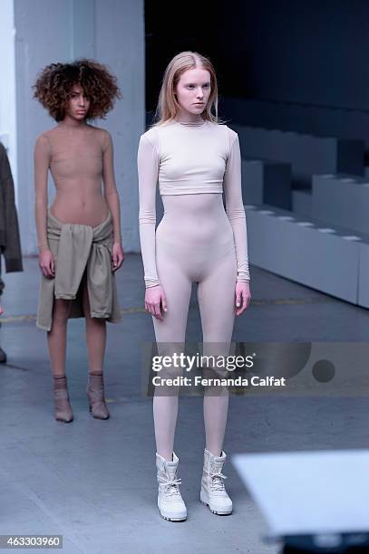 Models walk the runway at the adidas Originals x Kanye West YEEZY SEASON 1 fashion show during New York Fashion Week Fall 2015 at Skylight Clarkson...