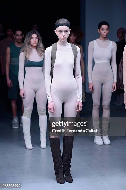 Models walk the runway at the adidas Originals x Kanye West YEEZY SEASON 1 fashion show during New York Fashion Week Fall 2015 at Skylight Clarkson...