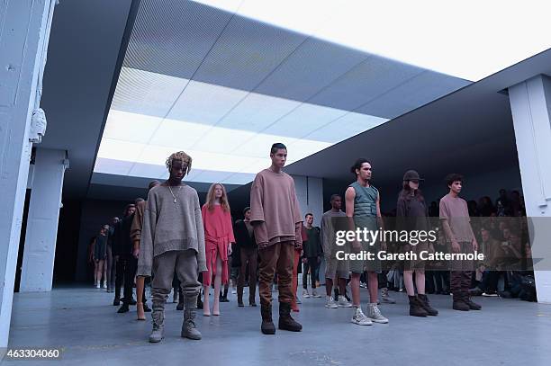 Models on the runway at the adidas Originals x Kanye West YEEZY SEASON 1 fashion show during New York Fashion Week Fall 2015 at Skylight Clarkson Sq...