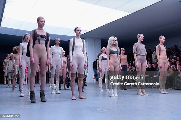 Models on the runway at the adidas Originals x Kanye West YEEZY SEASON 1 fashion show during New York Fashion Week Fall 2015 at Skylight Clarkson Sq...