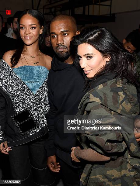 Rihanna, Kanye West and Kim Kardashian backstage at the adidas Originals x Kanye West YEEZY SEASON 1 fashion show during New York Fashion Week Fall...