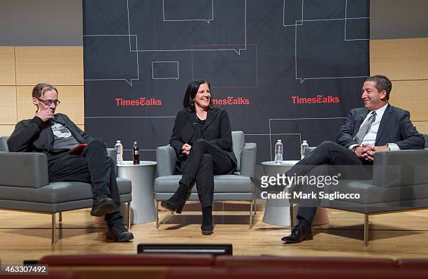 New York Times Columnist David Carr, Filmmaker Laura Poitras and Journalist Glenn Greenwald attends the TimesTalks at The New School on February 12,...