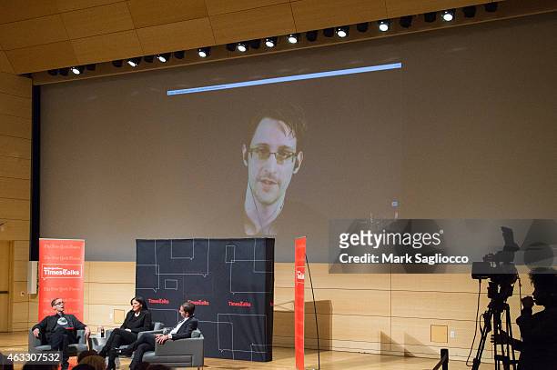 New York Times Columnist David Carr, Filmmaker Laura Poitras, Journalist Glenn Greenwald and National Security Agency whistleblower Edward Snowden...