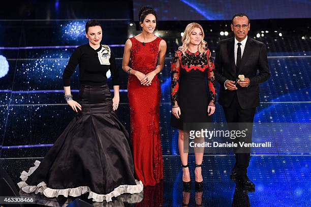 Arisa, Rocio Munoz Morales, Emma and Carlo Conti attend the thirth night of 65th Festival di Sanremo 2015 at Teatro Ariston on February 12, 2015 in...