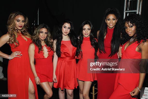 Dinah Jane Hansen, Ally Brooke, Lauren Jauregui, Camila Cabello and Normani Kordei of Fifth Harmony pose backstage with Ciara at the Go Red For Women...