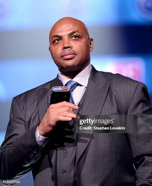 Basketball player Charles Barkley speaks onstage as Fall Out Boy takes the stage at American Express All-Star Live at Hammerstein Ballroom broadcast...