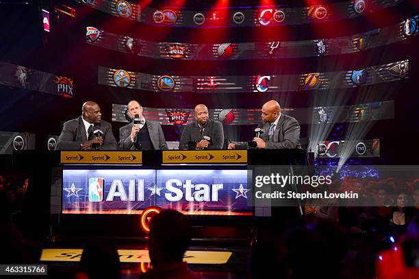 Basketball player Shaquille O'Neal, sportscaster Ernest Johnson Jr., basketball player Kenny Smith and basketball player Charles Barkley speak...