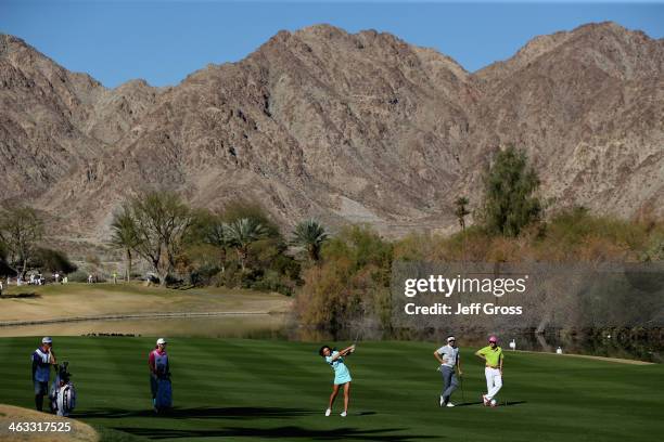 Holly Sonders plays her second shot on the sixth fareway of the Jack Nicklaus Private Course at PGA West during the second round of the Humana...