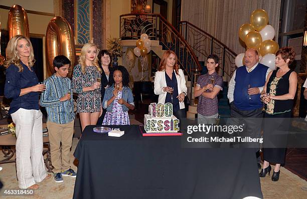 Actors Christina Moore, Karan Brar and Peyton List, executive producer Pamela Eells O'Connel, and actors Skai Jackson, Debby Ryan, Cameron Boyce,...