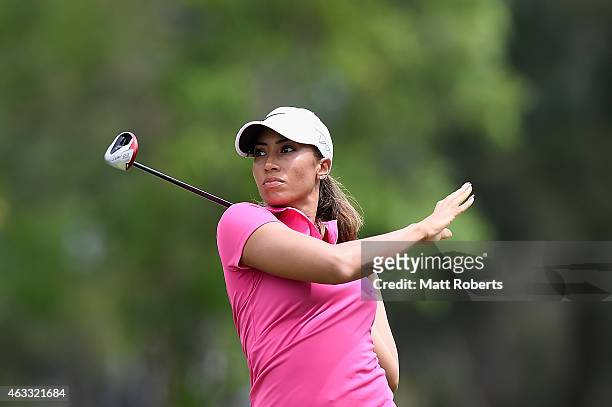 Cheyenne Woods of the United States watches her approach shot on the 3rd hole during day two of the 2015 Ladies Masters at Royal Pines Resort on...