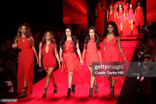 Dinah-Jane Hansen, Ally Brooke, Lauren Jauregui, Camila Cabello, and Normani Kordei walk the runway during the Go Red For Women fall 2015 fashion...