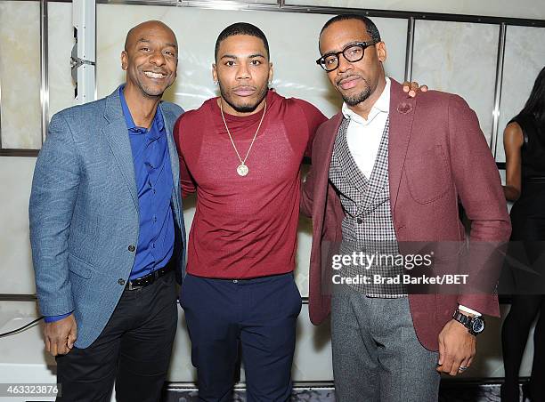 Stephen Hill, Nelly and Jeff Johnson attends the H.I.S. Official Launch Party on February 12, 2015 in New York City.