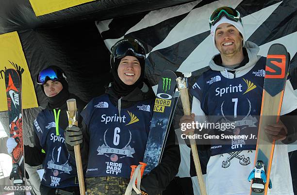 Gus Kenworthy of the United states, third place, Alex Schlopy of the United States, first place and Bobby Brown of the United States, second place,...