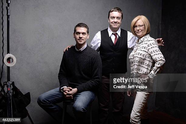 Director Jeremy Saulnier, actor Macon Blair and actress Eve Plumb pose for a portrait during the 2014 Sundance Film Festival at the WireImage...