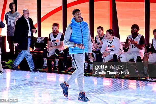 All-Star Anthony Davis takes part in the Nike Zoom City Classic basketball tournament featuring their LED court at Nike Zoom Arena on February 12,...