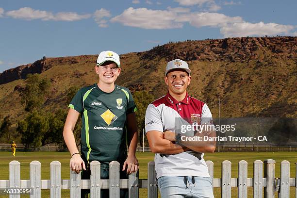 Southern Stars player Jess Jonassen and Queensland Bulls/Australia player Usman Khawaja pose fir a photo during the 20415 Imparja Cup on February 12,...